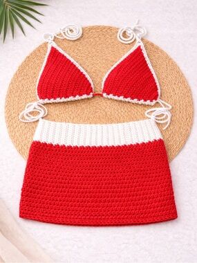 Red & White Crochet Bikini Set - Women Swim Bikinis